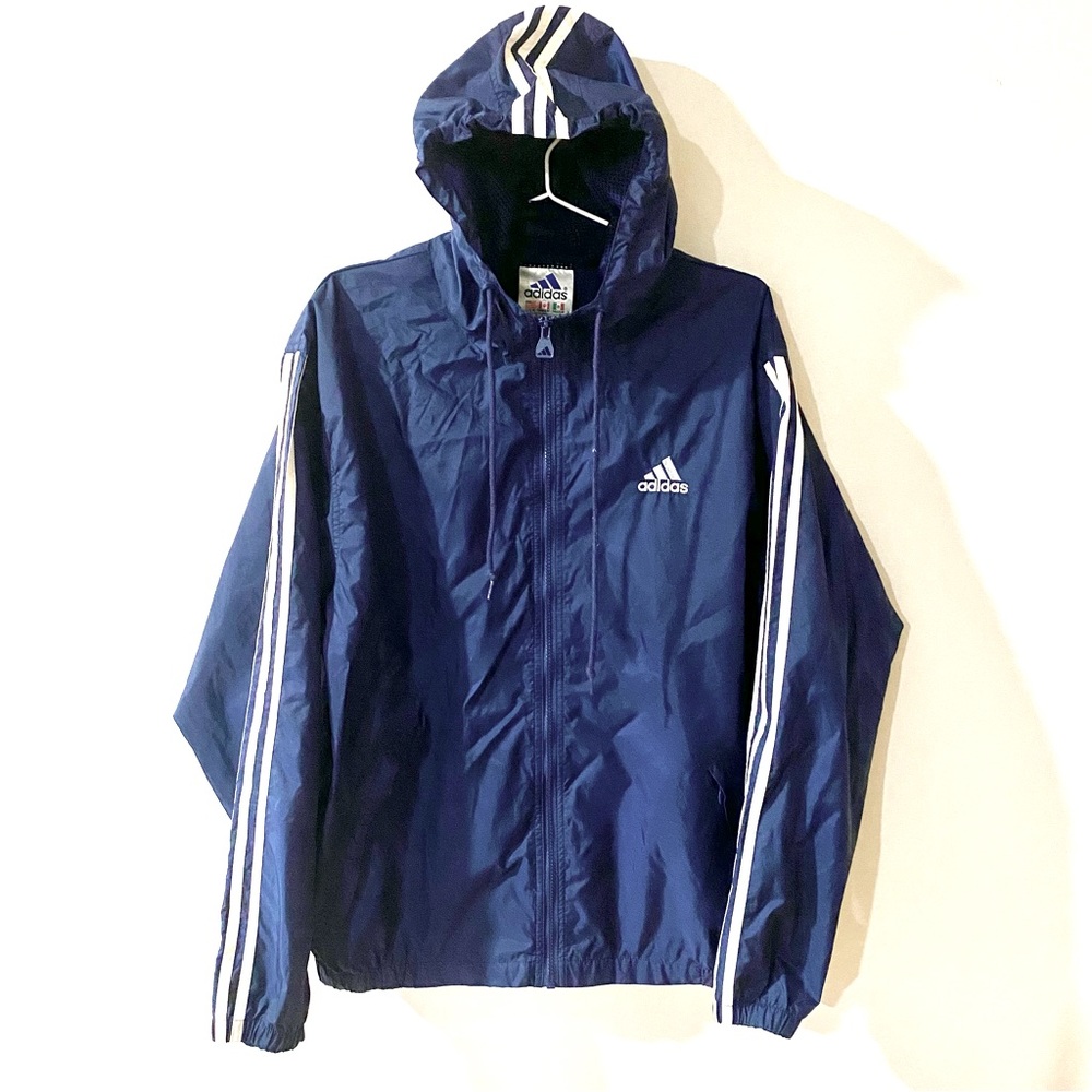Adidas 3 stripes nylon windbreaker jacket navy M Full zip hooded